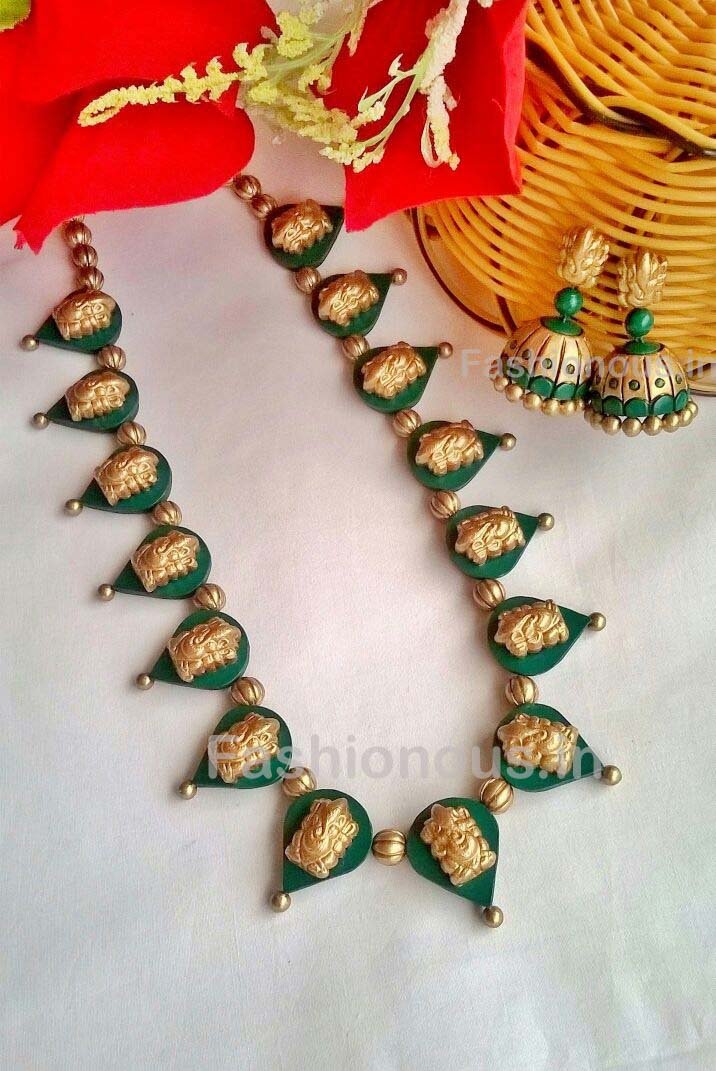 Golden Ganesh Green Leaf Terracotta Jewellery  Set-TJS-063