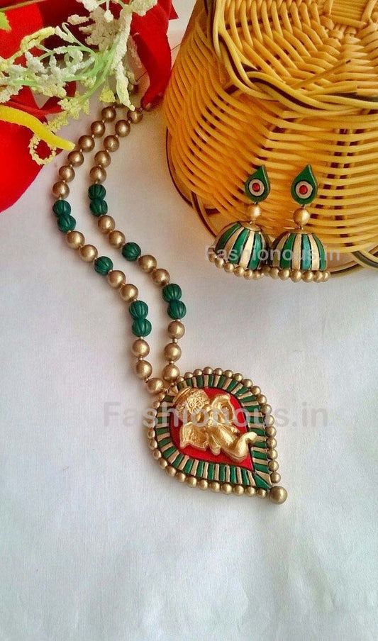 Golden Ganesh Leaf Shaped Terracotta Pendant Set-TJS-062