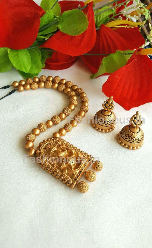 Golden Ganesh Rectangular Terracotta Pendant Set-TJS-060