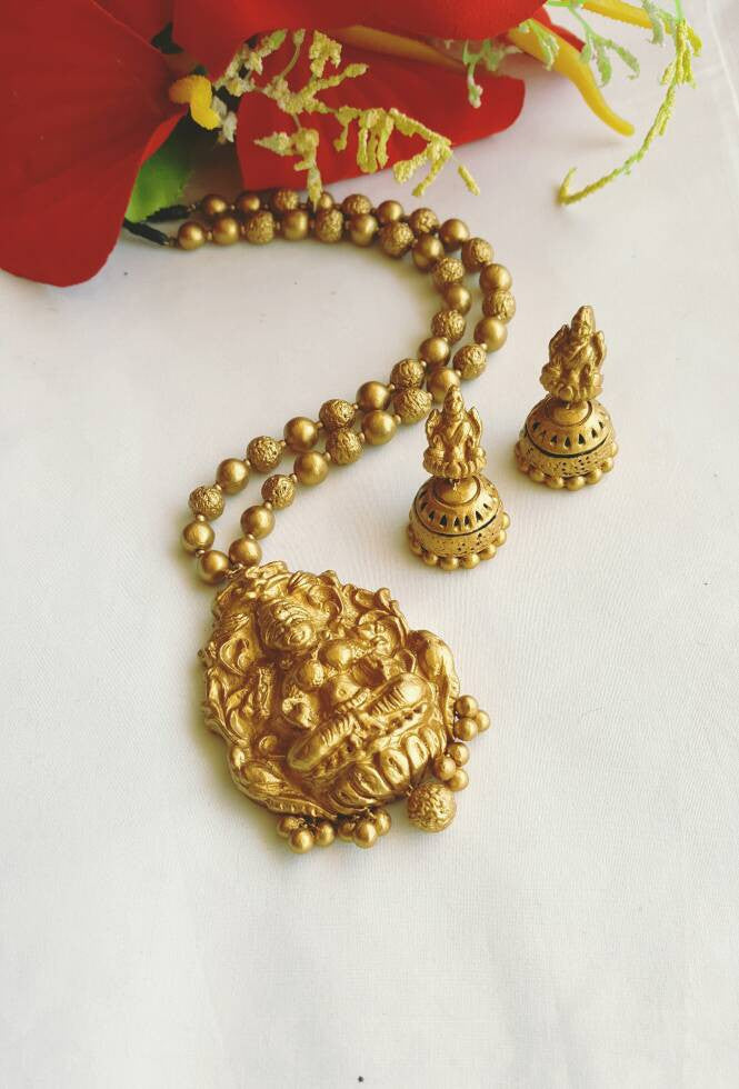 Golden Lakshmi Pendant Terracotta Jewellery Set