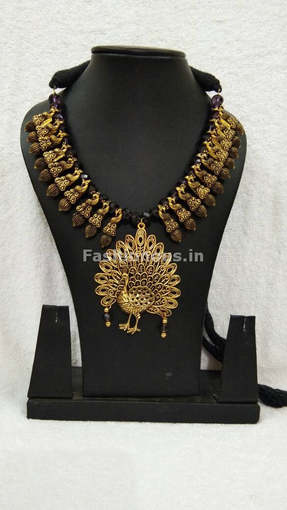 Golden Peacock Antique Pendant with Black Crystal Oxidised Jewellery Set-OXDJ-005