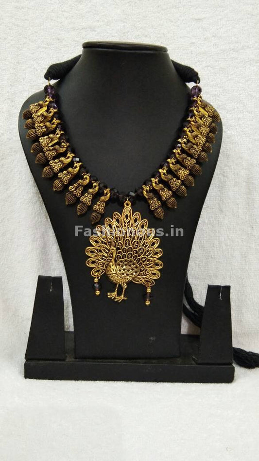 Golden Peacock Antique Pendant with Black Crystal Oxidised Jewellery Set-OXDJ-005