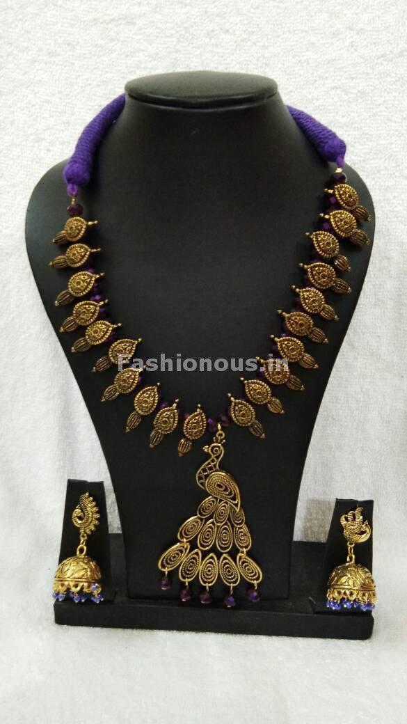 Golden Peacock Antique Pendant with Purple Crystal Oxidised Jewellery Set-OXDJ-004