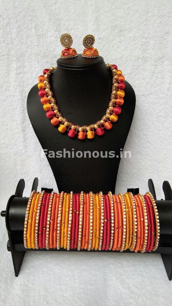 Golden Red and Orange Tricolor Silk Thread Jewellery Set-STJS-026