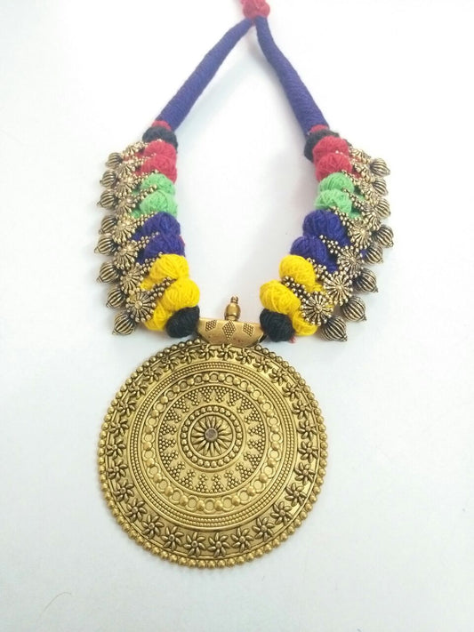 Golden Round Antique Pendant Oxidised Jewellery Set-OXDJ-010