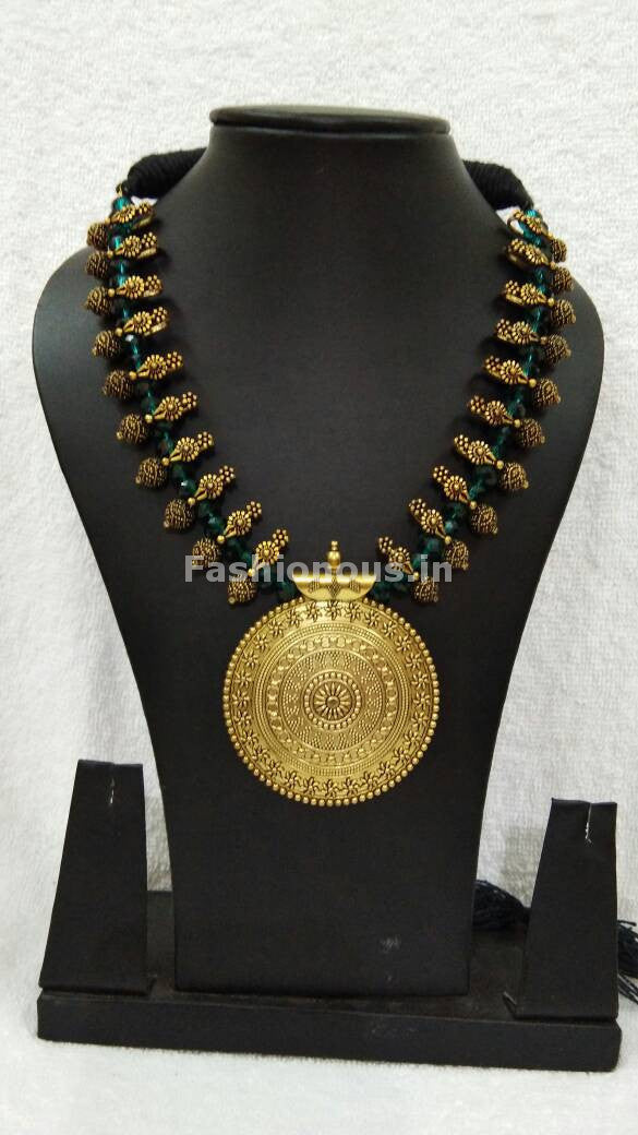 Golden Round Antique Pendant with Dark Green Crystal Oxidised Jewellery Set-OXDJ-003