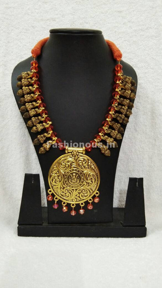 Golden Round Antique Pendant with Orange Crystal Oxidised Jewellery Set-OXDJ-001