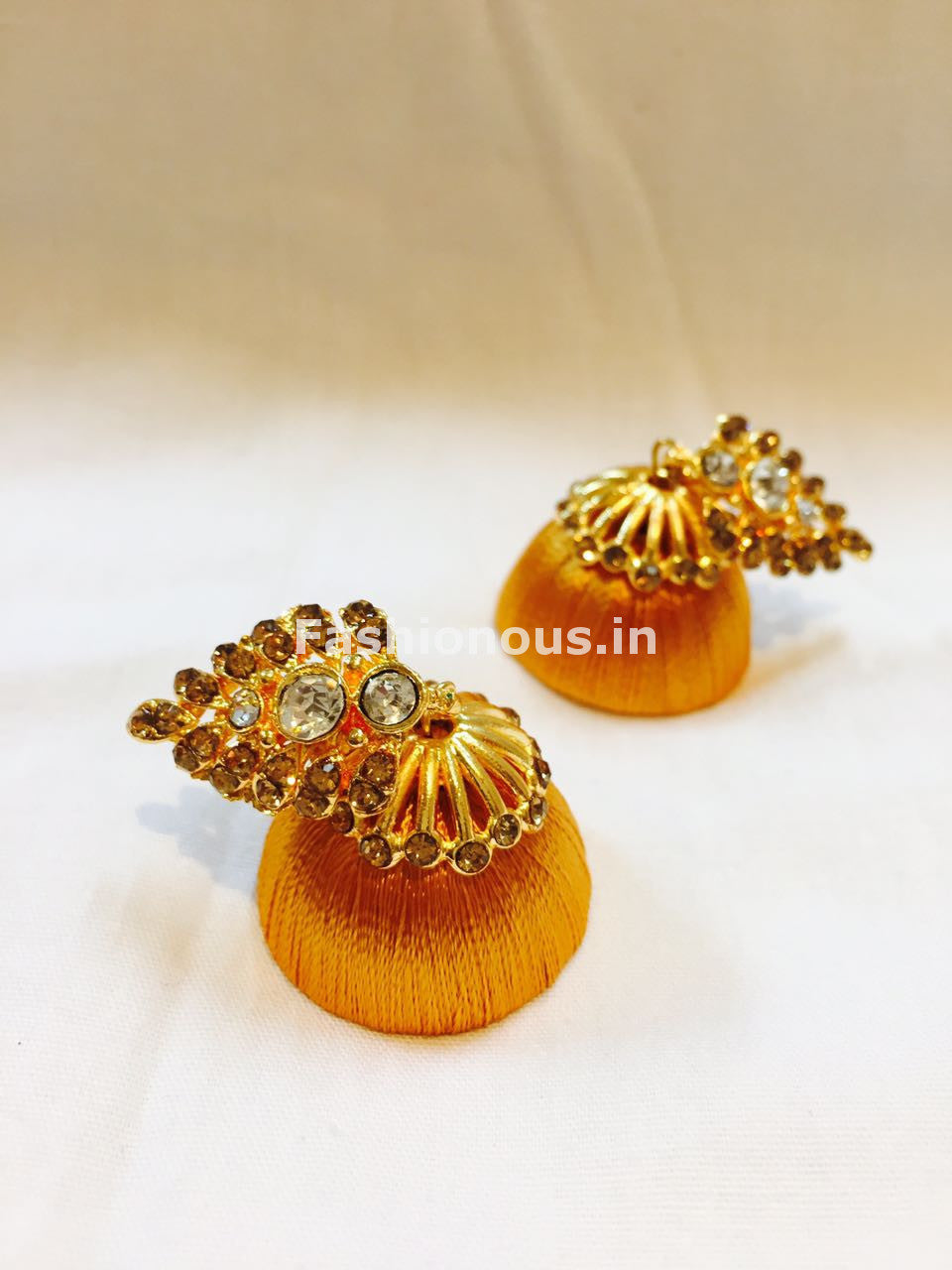 Golden Stone Studded Leaf Silk Thread Jhumkas-STJH-032