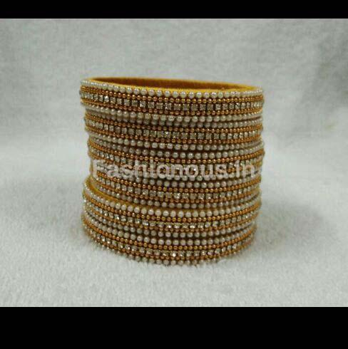 Golden White Beaded and Stone Worked Silk Thread Bangle Set-STJSW-036