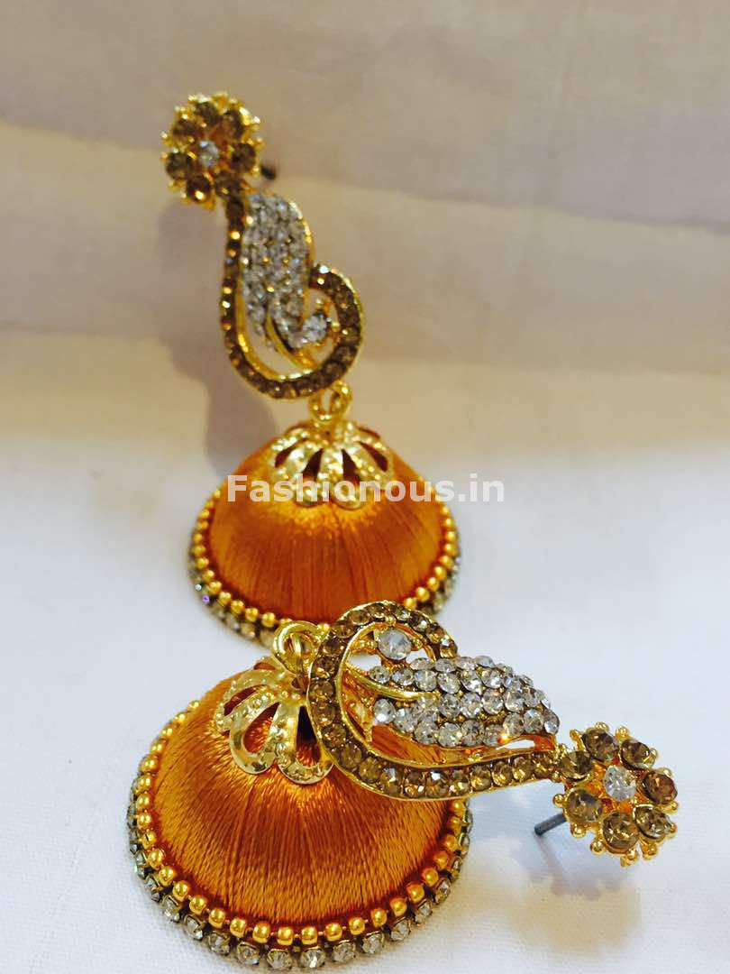 Golden and White Stone Studded Peacock Neck Floral Silk Thread Jhumkas-STJH-045