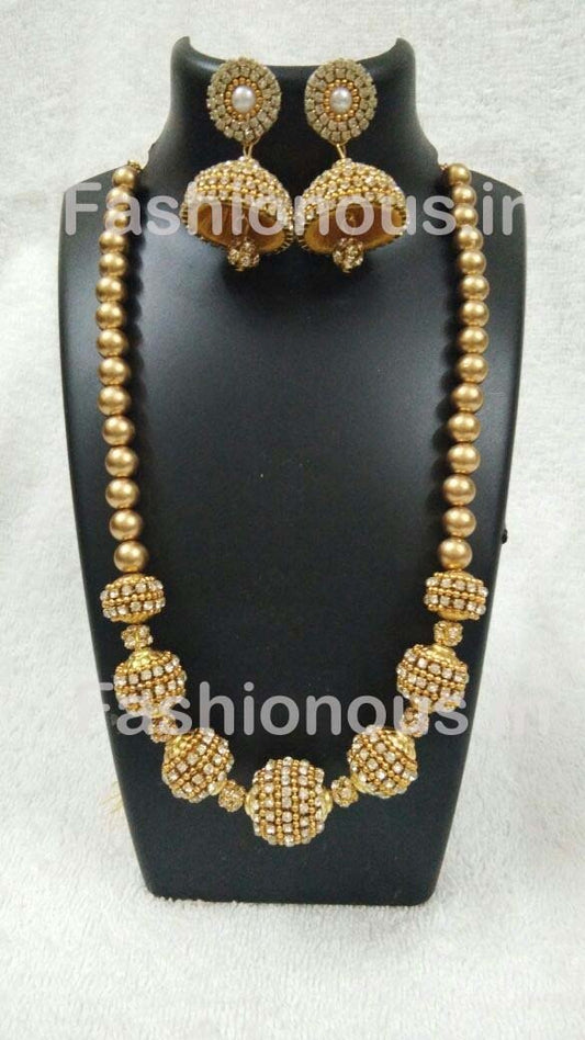 Golden with White Stone Worked Silk Thread Jewellery Set-STJSW-071