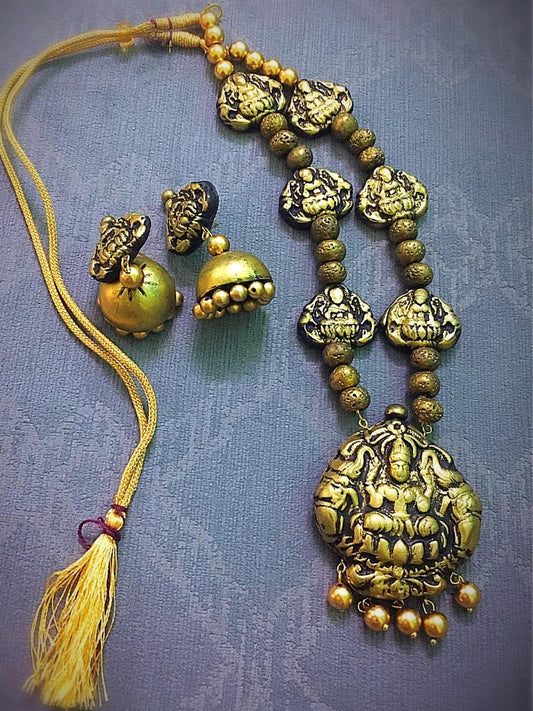 Sand Golden Floral Polymer Clay Pendant With Jhumkas