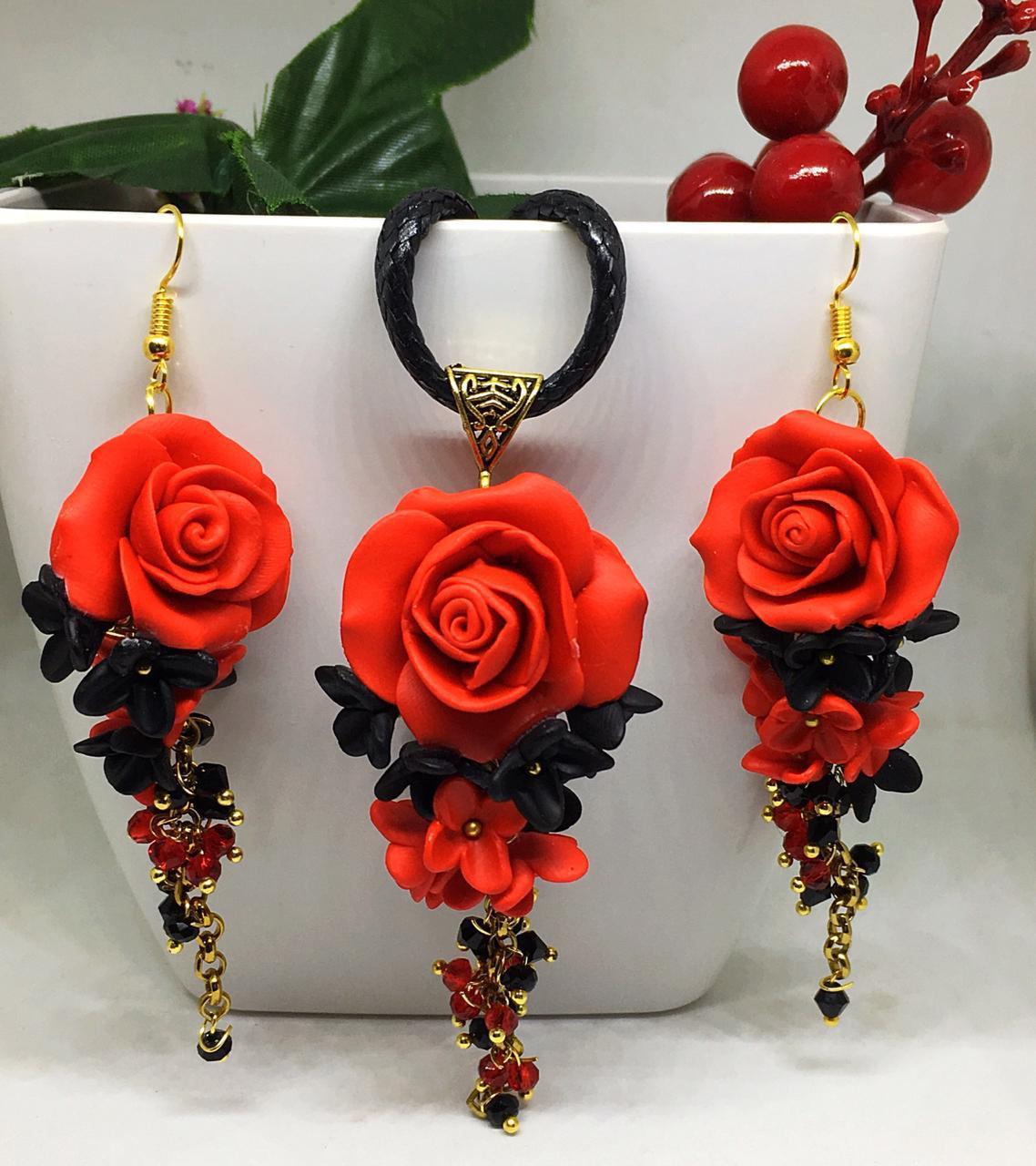 Lava Red Sunflower Polymer Clay Pendant And Earrings