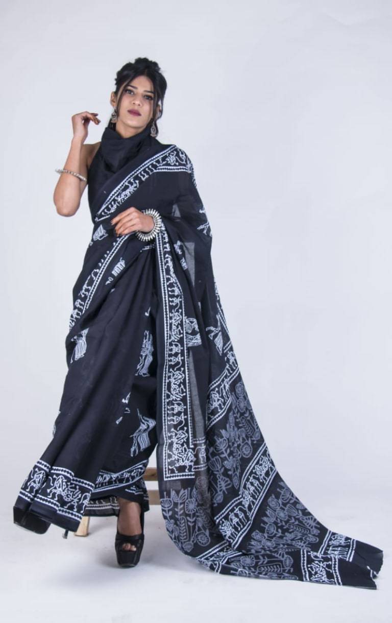 Graceful Black Hand-Block Printed Cotton Saree