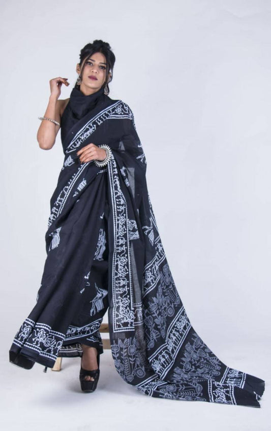 Graceful Black Hand-Block Printed Cotton Saree