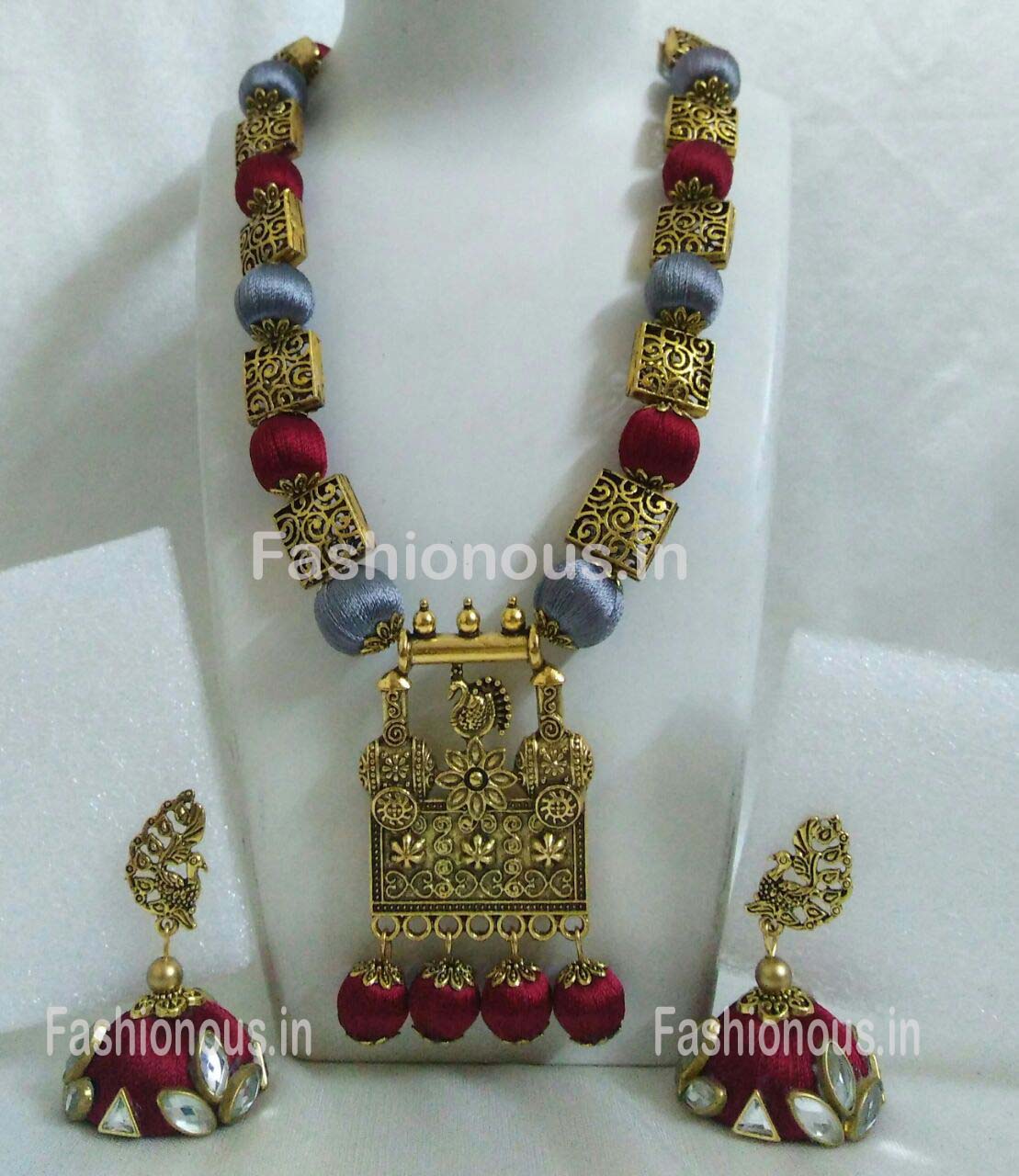 Gray and Maroon Silk Balls with Antique Pendant Silk Thread Jewellery Set