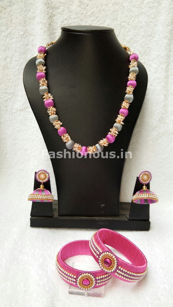 Gray  and Pink Silk Thread Jewellery Set-STJS-022