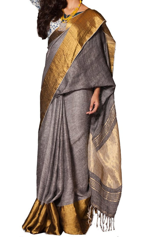Gray with Golden Border  Linen Saree