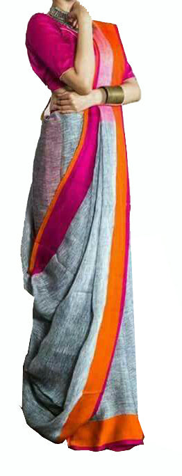 Gray with Pink and Orange Border Linen Saree