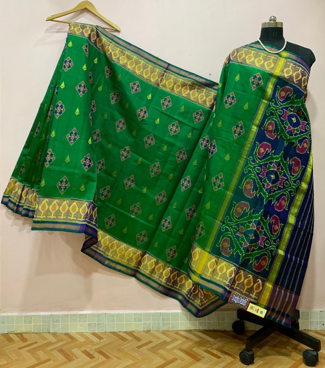 Green Alpana Designed with Golden Leaf Motif Border Patola Silk Saree-PSS1502