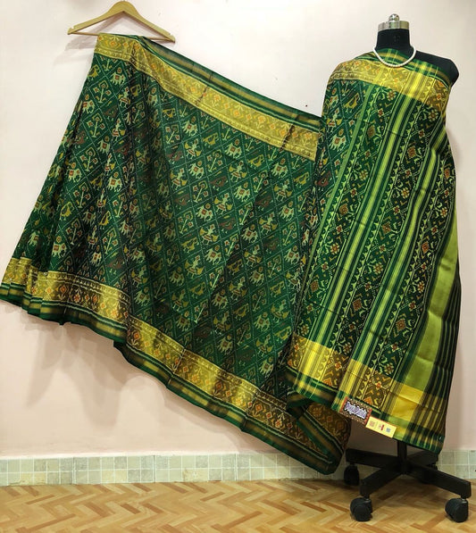 Green Diamond Parrot and Elephant Designed Patola Silk Saree-PPSRE-051