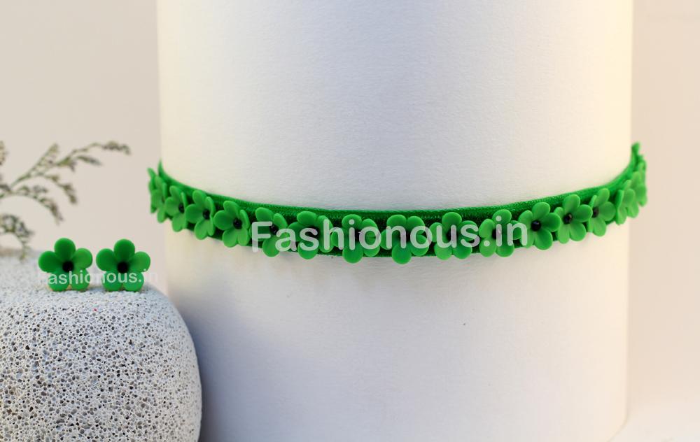 Green Floral Choker and Studs-ZAPCNS-021