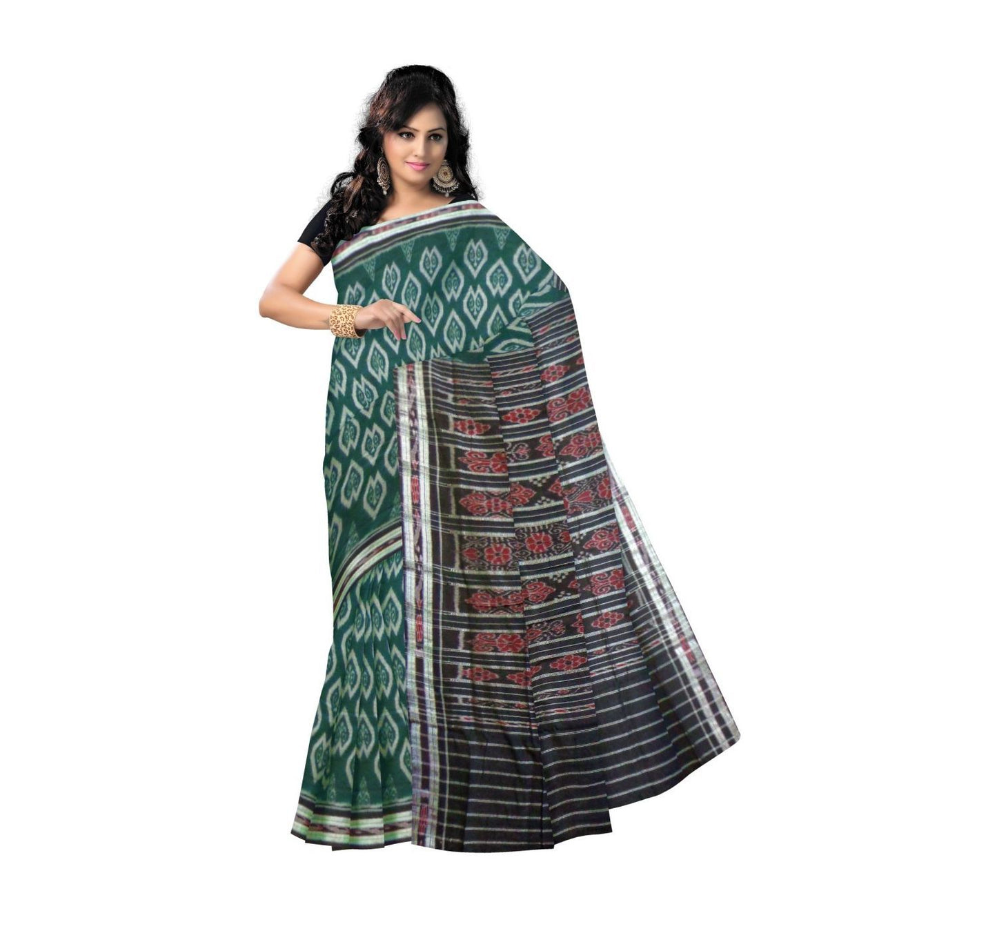 Green Floral Designed with Black Pallu Handwoven Cotton Saree-OSS9076