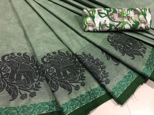 Green Cotton Saree with Elephant Motif