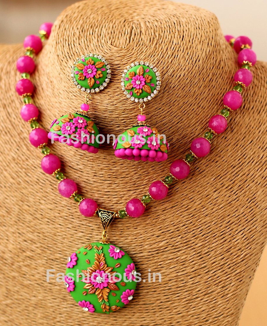 Green Pink Floral Pendant with Semi Precious Beads and Jhumkas-ZAPCNS-050