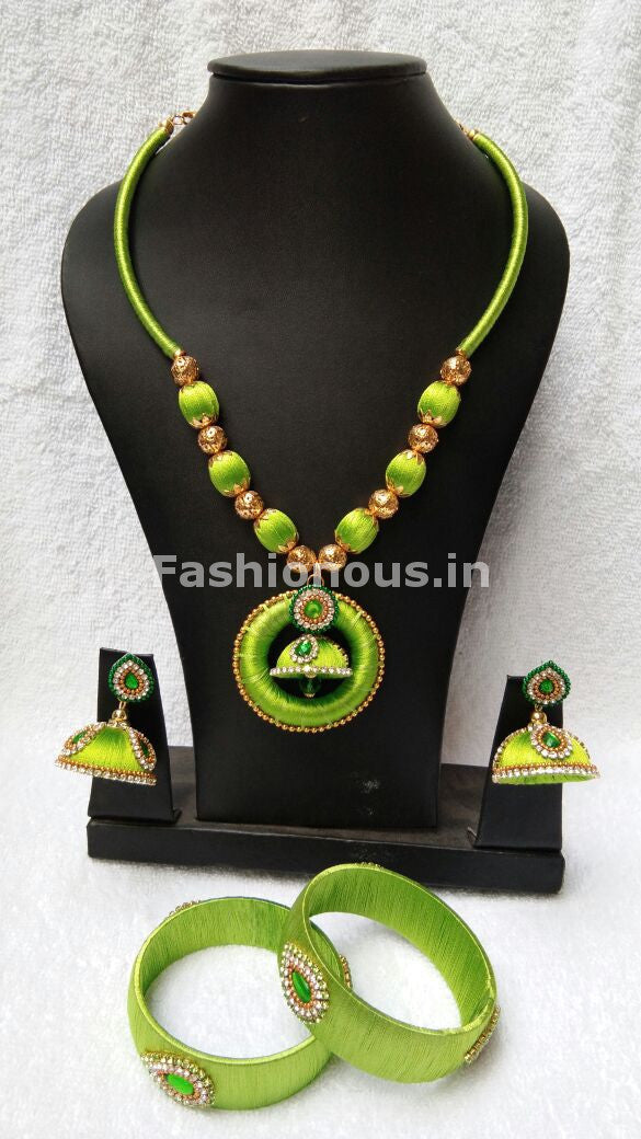 Green Round Pendant Silk Thread Jewellery Set-STJS-016