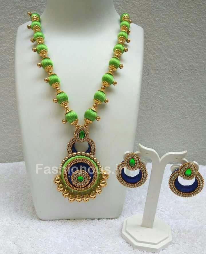 Green Silk Balls with Blue Chandbali Pendant Silk Thread Jewellery Set-STJS-031