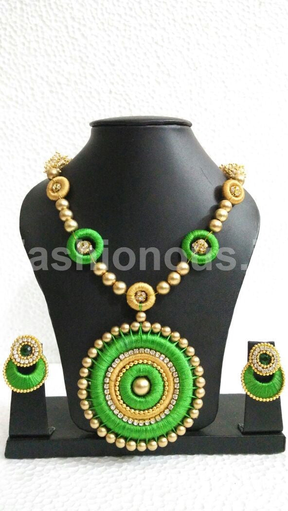 Green Haram Chandbali Silk Thread Jewellery Set