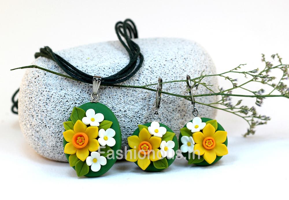 Green Sunflower Necklace and Earrings-ZAPCNS-009