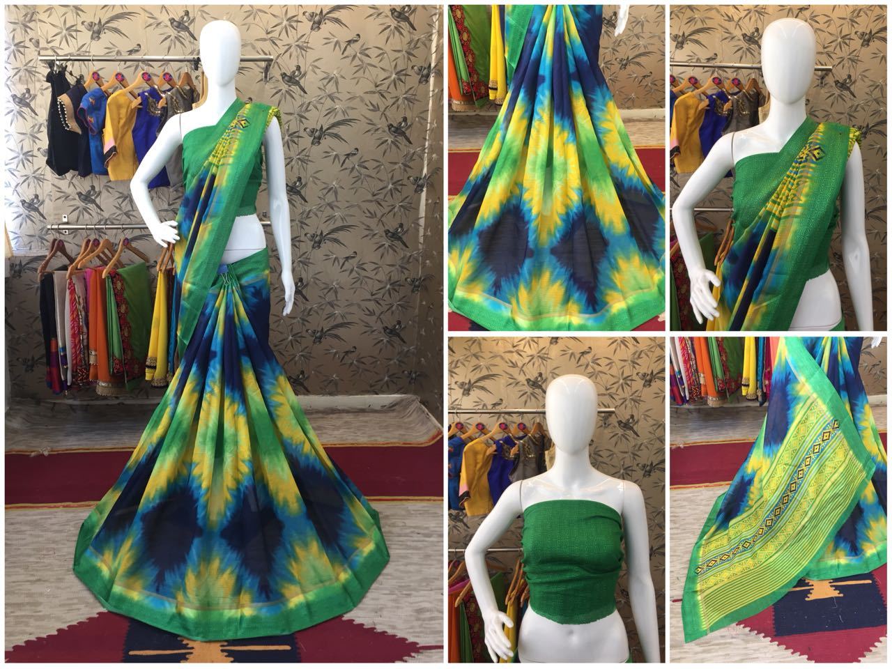 Green and Blue Linen Silk with Satin Border Designer Saree-SRE-1063