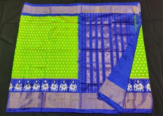 Green and Blue Pallu and Border with Elephant Motif Pure Ikkat Silk Saree