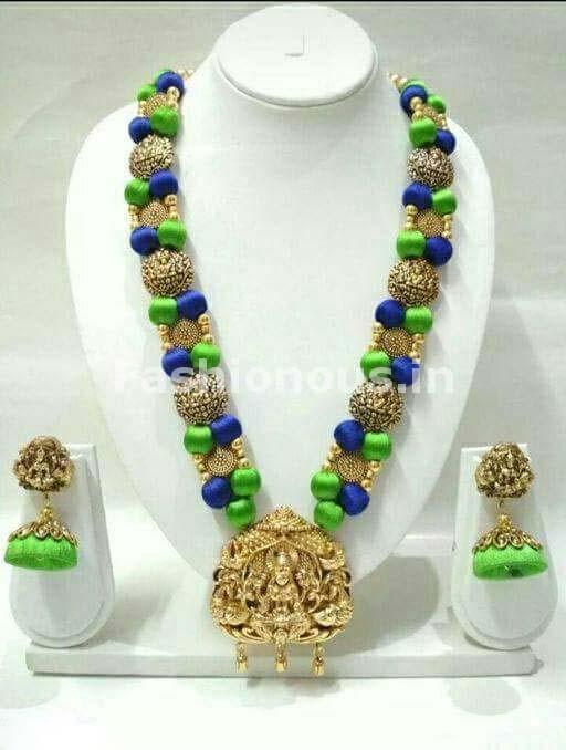 Green and Blue Silk Balls with Laxshmi Antique Pendant Silk Thread Jewellery Set-STJS-051
