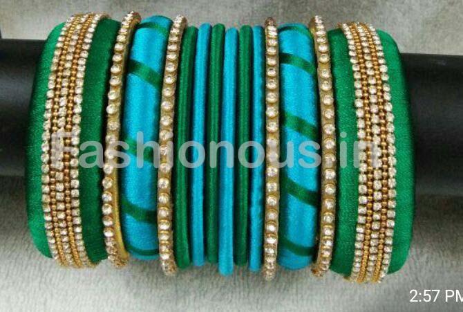 Green and Blue Stone Worked Silk Thread Bangle Set-STJSW-024