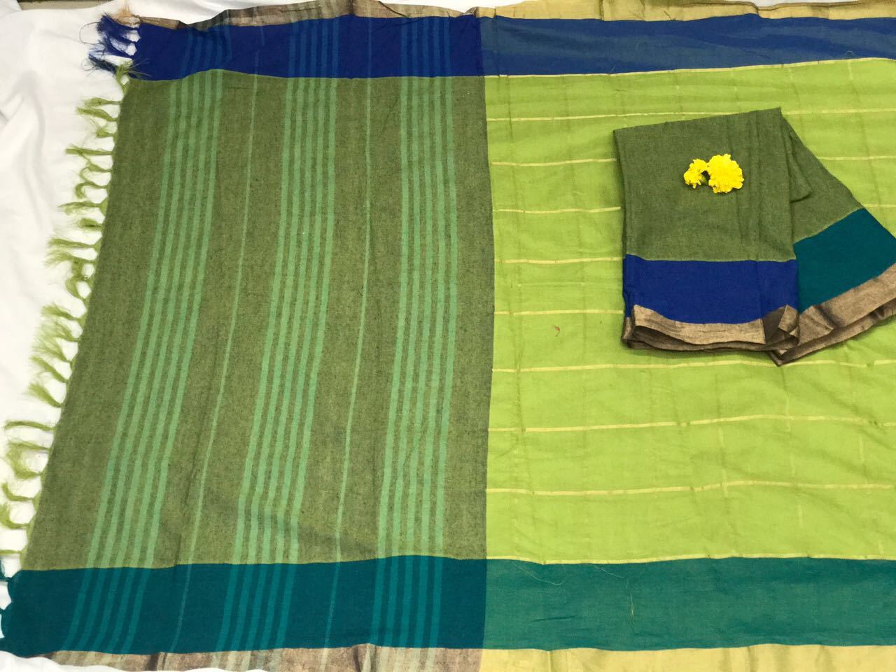 Green and Blue with Beautiful Zari and Tassel Pallu South Cotton Saree-SRE-375