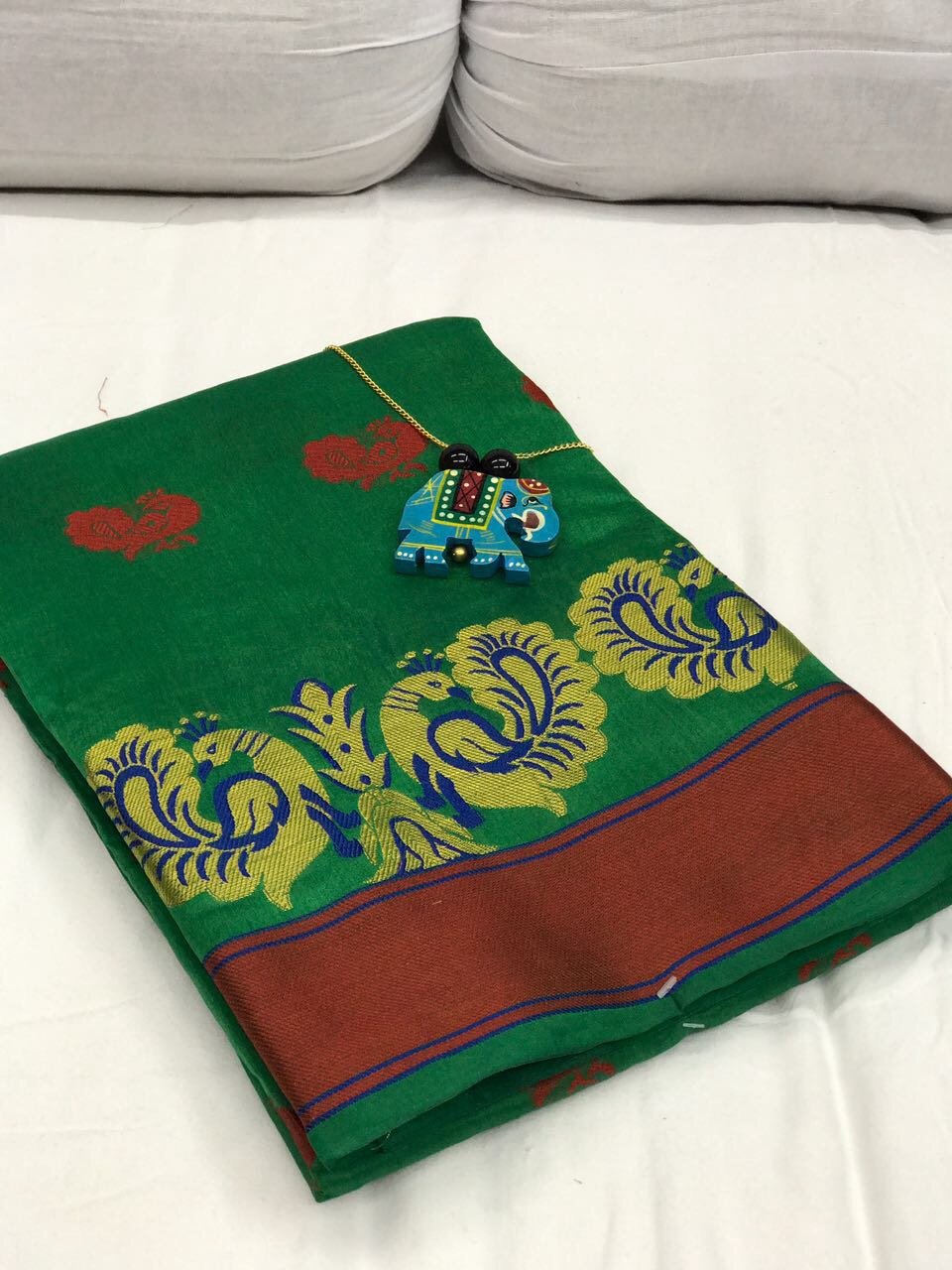 Green and Brown Border with Peacock Design Silk Cotton Saree-SRE-264