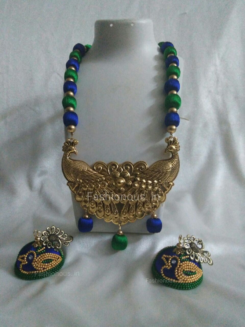 Green and Dark  Blue Peacock Silk Thread Necklace and Earrings