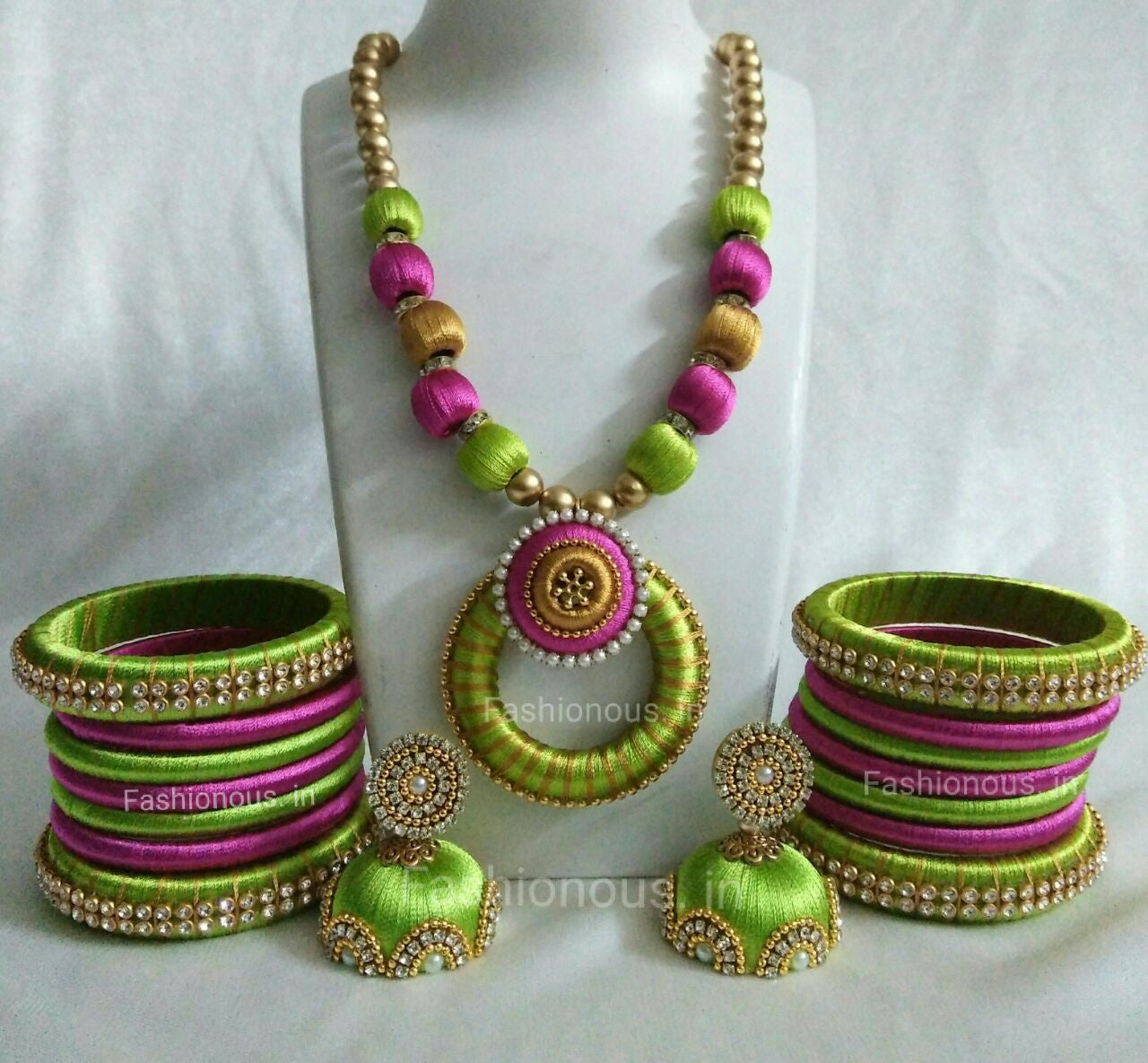 Green and Dark Pink Silk Thread Jewellery Set