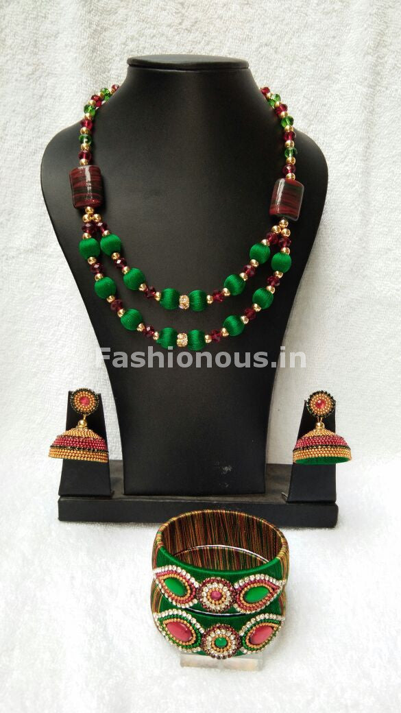 Green and Maroon Silk Thread Jewellery Set-STJS-025