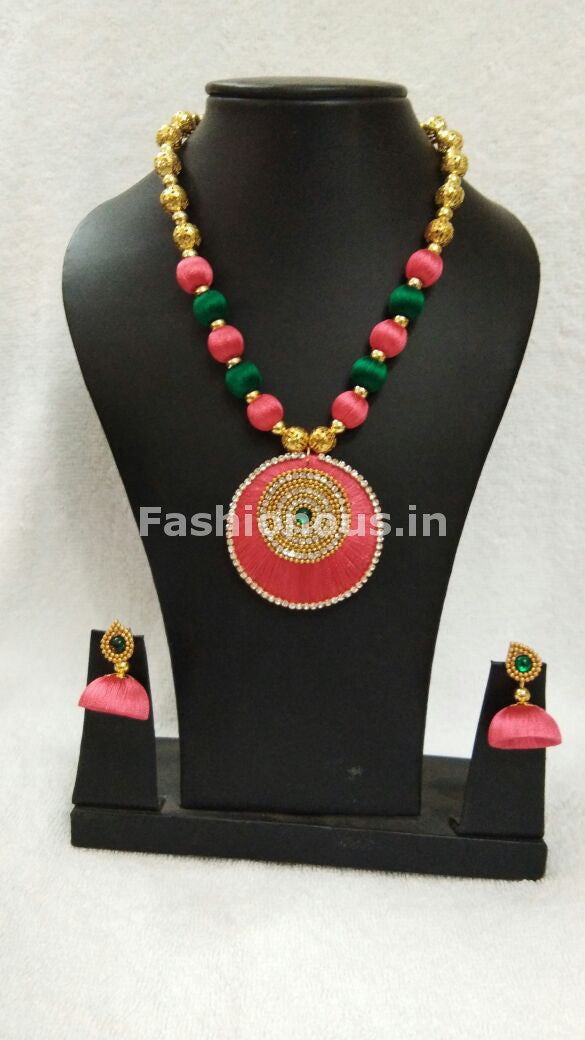 Green and Orange Round Pendant Silk Thread Jewellery Set-STJS-008