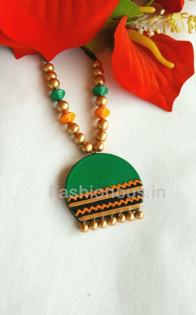 Green and Orange Semi Circled Terracotta Necklace-TJS-034