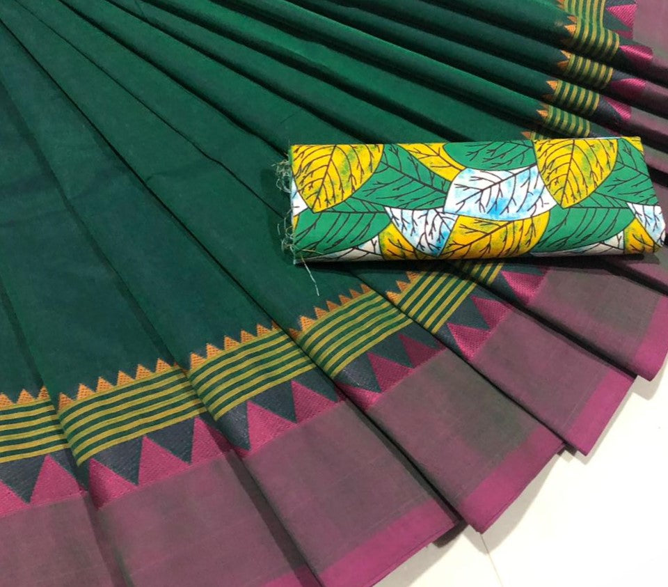 Green and Pink Pure Cotton Saree