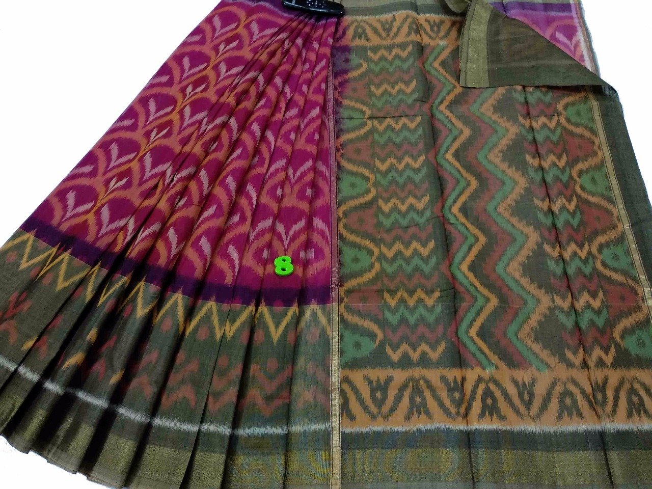 Green and Pink Ikkat Silk Cotton Saree-SRE-775