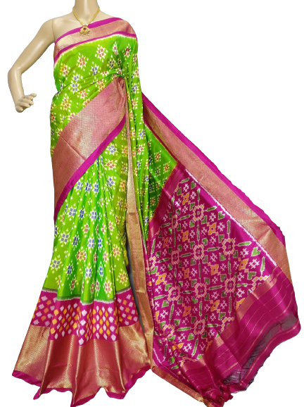 Green and Pink Ikkat Silk Saree