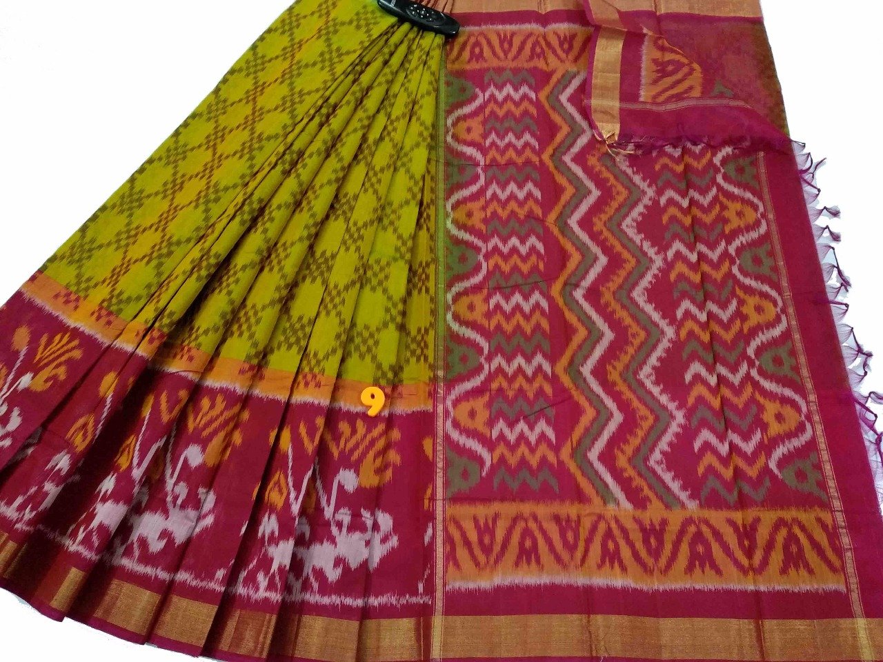 Green and Red Ikkat Silk Cotton Saree-SRE-782