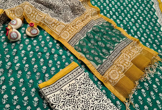 Green and Yellow Handblock Unstitched Printed Cotton Suit