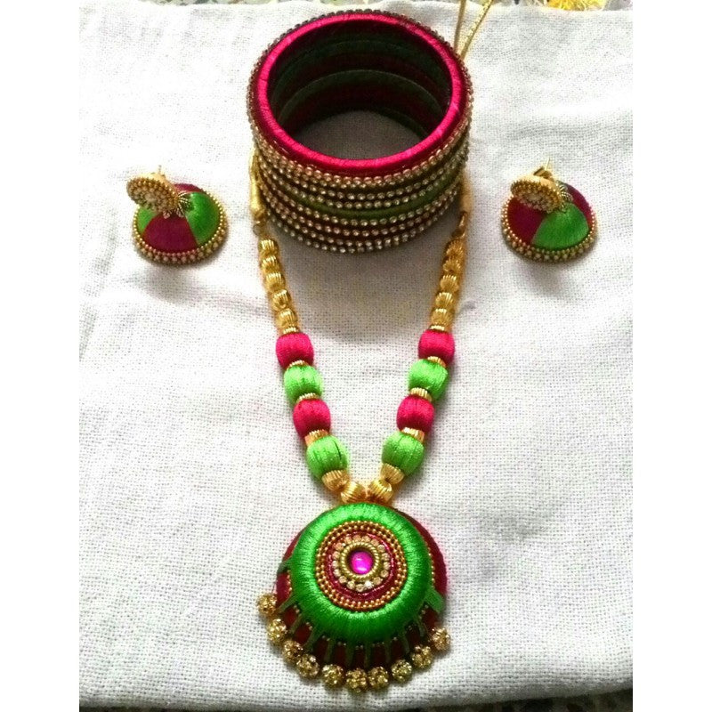 Green and Pink Silk Thread Jewellery Set